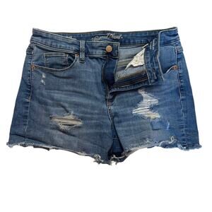 Universal Thread Distressed High Rise Midi Stretch Jean Shorts Dark Blue Size 10
